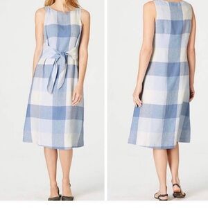 J. Jill Women’s 100% linen dress Gingham print blue white dress medium petite